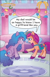 Size: 856x1314 | Tagged: artist needed, safe, edit, editor:secretbronyx, imported from derpibooru, izzy moonbow, sunny starscout, earth pony, pony, unicorn, carpet, chat bubble, comic, female, g5, implied argyle, implied death, izzyscout, lesbian, mare, shipping, sunny's day, window