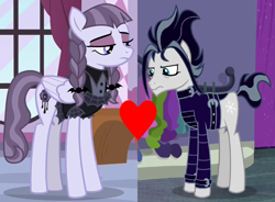 Size: 1210x890 | Tagged: safe, edit, imported from derpibooru, screencap, inky rose, snow hope, earth pony, pegasus, pony, fake it 'til you make it, honest apple, clothes, crack shipping, cropped, cutie mark, edward scissorhands, female, goth, goth pony, gothic, heart, hooves, inkyhope, insulted, jacket, leather jacket, male, mare, shipping, shipping domino, stallion, straight, wings