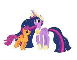 Size: 4096x3218 | Tagged: safe, artist:turnaboutart, imported from derpibooru, scootaloo, twilight sparkle, alicorn, pegasus, the last problem, blushing, female, flirting, lesbian, looking away, older, older twilight, princess twilight 2.0, scootatwi, shipping, standing on two hooves, tiptoe, twilight sparkle (alicorn)