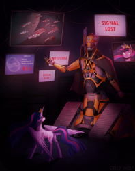 Size: 1280x1613 | Tagged: safe, artist:criedwolf28, imported from derpibooru, twilight sparkle, alicorn, robot, computer screen, fanfic, fanfic art, fanfic cover, spaceship, stellaris, twilight sparkle (alicorn)