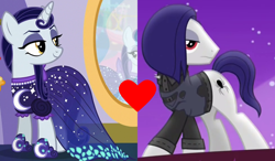 Size: 2040x1193 | Tagged: safe, edit, imported from derpibooru, screencap, funnel web, moonlight raven, earth pony, pony, unicorn, canterlot boutique, honest apple, clothes, crack shipping, cropped, dress, female, heart, lidded eyes, male, mare, mirror, moonweb, over the moon, shipping, shipping domino, smiling, straight, when she smiles