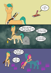 Size: 1668x2388 | Tagged: safe, artist:simonsartbookservice, imported from derpibooru, hitch trailblazer, sunny starscout, earth pony, ghost, ghost pony, pony, undead, alternate ending, argyle starshine, belt, comic, father and child, father and daughter, female, g5, gravestone, hug, male, mare, my little pony: a new generation, stallion, sword, the witcher, the witcher 3, trio, weapon, witcher