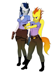 Size: 855x1211 | Tagged: safe, artist:lullabyjak, imported from derpibooru, blaze, high winds, anthro, pegasus, breasts, cleavage, commission, cops, duo, gun, police, simple background, transparent background, weapon