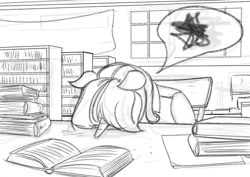 Size: 1280x905 | Tagged: safe, artist:apocheck13, imported from derpibooru, twilight sparkle, anthro, book, bookshelf, facedesk, frustrated, library, shelf, shelves, sketch, solo, tired