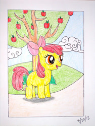 Size: 900x1200 | Tagged: safe, artist:jazzytyfighter, imported from derpibooru, apple bloom, earth pony, pony, apple, apple tree, cloud, crayon drawing, female, filly, solo, traditional art, tree