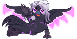 Size: 4029x2040 | Tagged: safe, artist:lincolnbrewsterfan, derpibooru exclusive, imported from derpibooru, oc, oc:shade the raven, bird, griffon, raven (bird), derpibooru community collaboration, .svg available, 2022 community collab, :d, artificial wings, augmented, belly button, body markings, crossed legs, eyebrows, feathered tail, female, furry, furry oc, glowing, griffon magic, griffon oc, griffonized, hair, happy, inkscape, leaning, long hair, looking at you, magic, magic wings, markings, open mouth, open smile, pose, posing for photo, purple, purple eyes, shards, silver hair, simple background, smiling, smiling at you, solo, spread wings, stripes, svg, tail, tail feathers, transparent background, vector, waving, waving at you, wings