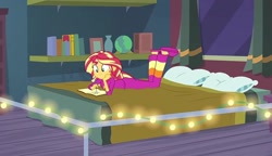 Size: 1246x720 | Tagged: safe, imported from derpibooru, screencap, sunset shimmer, equestria girls, equestria girls series, forgotten friendship, book, clothes, pajamas, solo, writing