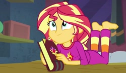 Size: 1251x720 | Tagged: safe, imported from derpibooru, screencap, sunset shimmer, equestria girls, equestria girls series, forgotten friendship, barefoot, book, clothes, cute, feet, female, lying down, prone, shimmerbetes