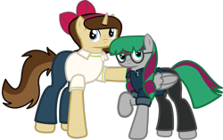 Size: 1022x644 | Tagged: safe, artist:99999999000, imported from derpibooru, oc, oc only, oc:li anna, oc:mar baolin, pegasus, pony, unicorn, derpibooru community collaboration, 2022 community collab, clothes, female, glasses, simple background, transparent background