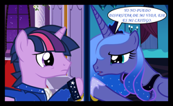 Size: 1280x790 | Tagged: safe, artist:bigsnusnu, imported from derpibooru, princess luna, twilight sparkle, alicorn, pony, unicorn, comic:dusk shine in pursuit of happiness, dialogue, dusk shine, duskluna, female, half r63 shipping, horn, male, mare, rule 63, s1 luna, sad, sad eyes, shipping, spanish, spanish text, speech bubble, stallion, straight, translation, twiluna, unicorn dusk shine, unicorn twilight, wings