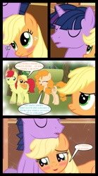 Size: 1280x2300 | Tagged: safe, artist:bigsnusnu, imported from derpibooru, applejack, bright mac, pear butter, twilight sparkle, pony, comic:dusk shine in pursuit of happiness, blushing, comic, cute, dusk shine, duskjack, female, half r63 shipping, happy, jackabetes, male, rule 63, shipping, spanish, straight, translation, tree, twijack