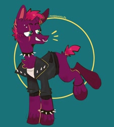 Size: 1086x1200 | Tagged: safe, artist:ponydoodles, imported from derpibooru, tempest shadow, pony, unicorn, broken horn, chest fluff, choker, clothes, horn, jacket, leather jacket, nose piercing, nose ring, piercing, smiling, solo, spiked choker