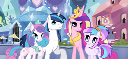 Size: 1024x480 | Tagged: safe, artist:velveagicsentryyt, imported from derpibooru, princess cadance, princess flurry heart, shining armor, oc, oc:chryssa, alicorn, pegasus, pony, unicorn, base used, crystal empire, deviantart watermark, family, female, horn, male, mare, obtrusive watermark, offspring, older, older flurry heart, older princess cadance, older shining armor, parent:princess cadance, parent:shining armor, parents:shiningcadance, pegasus oc, shiningcadance, shipping, siblings, sisters, stallion, straight, watermark, wings