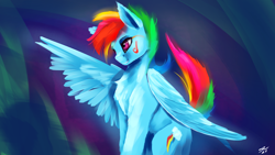 Size: 3840x2160 | Tagged: safe, artist:tenebrisnoctus, imported from derpibooru, rainbow dash, pegasus, pony, chest fluff, female, high res, mare, one wing out, solo, wings