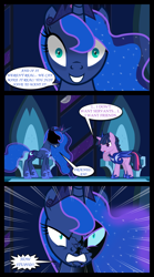 Size: 1280x2300 | Tagged: safe, artist:bigsnusnu, imported from derpibooru, nightmare moon, princess luna, twilight sparkle, alicorn, pony, unicorn, comic:dusk shine in pursuit of happiness, angry, dusk shine, duskluna, duskmoon, female, furious, half r63 shipping, male, rule 63, shipping, straight, this will end in a bad time, twiluna, twimoon, yandere