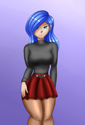 Size: 1300x1900 | Tagged: safe, artist:zachc, imported from derpibooru, princess luna, human, breasts, busty princess luna, clothes, curvy, hand on hip, hourglass figure, humanized, looking at you, skirt, smiling, solo, turtleneck