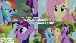 Size: 1280x720 | Tagged: safe, edit, edited screencap, editor:quoterific, imported from derpibooru, screencap, fluttershy, rainbow dash, twilight sparkle, alicorn, pegasus, pony, season 4, testing testing 1-2-3, female, flying, golden oaks library, mare, nose in the air, open mouth, twilight sparkle (alicorn)