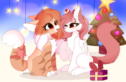 Size: 4442x2898 | Tagged: safe, artist:2pandita, imported from derpibooru, oc, oc only, cat, cat pony, original species, pegasus, christmas, christmas tree, duo, female, holiday, tree