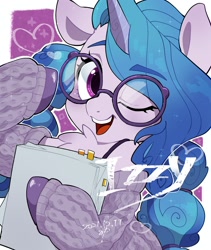 Size: 1276x1512 | Tagged: safe, artist:potetecyu_to, imported from derpibooru, izzy moonbow, pony, unicorn, bust, chest fluff, clothes, cute, eyebrows, eyebrows visible through hair, female, g5, glasses, heart, izzybetes, looking at you, mare, my little pony: a new generation, name, off shoulder, off shoulder sweater, one eye closed, open mouth, open smile, portrait, round glasses, smiling, smiling at you, solo, sweater, wink, winking at you