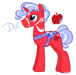 Size: 767x759 | Tagged: safe, artist:khimi-chan, imported from derpibooru, oc, oc only, pony, unicorn, apple, dalahäst, food, horn, male, saddle, simple background, smiling, solo, stallion, tack, transparent background, unicorn oc