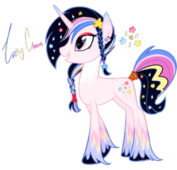 Size: 1260x1211 | Tagged: safe, artist:khimi-chan, imported from derpibooru, oc, oc only, pony, unicorn, braid, ethereal mane, eyelashes, female, horn, mare, simple background, smiling, solo, starry mane, tail, tail wrap, transparent background, unicorn oc, unshorn fetlocks