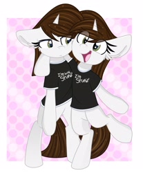 Size: 1786x2160 | Tagged: safe, artist:lbrcloud, imported from derpibooru, oc, oc only, oc:brittneigh ackermane, pony, unicorn, abstract background, bipedal, clothes, duo, duo female, ear fluff, eye clipping through hair, female, frown, happy, hoof around neck, horn, i'm with stupid, mare, open mouth, open smile, raised leg, self paradox, self ponidox, shirt, smiling, t-shirt, text on clothing, text on shirt, ych example, your character here