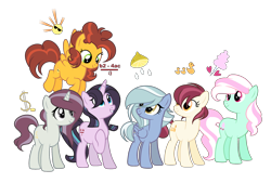 Size: 2537x1713 | Tagged: safe, artist:enifersuch, imported from derpibooru, oc, oc only, pegasus, pony, unicorn, base used, flying, group, hoof on chest, horn, magical lesbian spawn, offspring, parent:apple bloom, parent:bon bon, parent:cheese sandwich, parent:fleetfoot, parent:flim, parent:limestone pie, parent:lyra heartstrings, parent:marble pie, parent:maud pie, parent:pipsqueak, parent:spitfire, parent:starlight glimmer, parents:lyrabon, parents:pipbloom, parents:starmaud, pegasus oc, raised hoof, simple background, transparent background, unicorn oc, wings