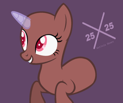 Size: 1150x962 | Tagged: safe, artist:enifersuch, imported from derpibooru, oc, oc only, pony, unicorn, bald, base, bust, eyelashes, female, grin, horn, mare, purple background, simple background, smiling, solo, unicorn oc