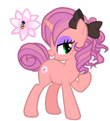 Size: 1200x1318 | Tagged: safe, artist:enifersuch, imported from derpibooru, oc, oc only, bee, insect, pony, unicorn, base used, bedroom eyes, bow, female, flower, hair bow, horn, makeup, mare, offspring, parent:big macintosh, parent:rarity, parents:rarimac, raised hoof, simple background, solo, transparent background, unicorn oc