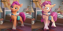 Size: 1738x870 | Tagged: safe, artist:cherritoppu, edit, imported from derpibooru, screencap, sunny starscout, earth pony, pony, spoiler:my little pony: a new generation, bag, duo, female, g5, indoors, mare, my little pony: a new generation, saddle bag, scene interpretation, screencap reference, smiling