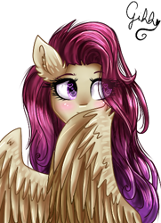 Size: 348x480 | Tagged: safe, artist:gihhbloonde, imported from derpibooru, oc, oc only, oc:condensed milk, pegasus, pony, blushing, bust, ear fluff, eye clipping through hair, eyelashes, female, mare, not fluttershy, pegasus oc, signature, simple background, solo, white background, wings