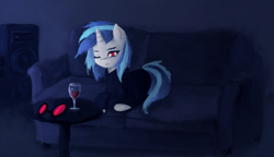 Size: 1904x1099 | Tagged: safe, alternate version, artist:menalia, imported from derpibooru, dj pon-3, vinyl scratch, pony, unicorn, clothes, couch, dark room, female, glasses, hoodie, horn, looking at you, lying, mare, pants, smiling, solo, table