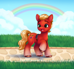 Size: 3000x2792 | Tagged: safe, artist:malarkey, imported from derpibooru, sprout cloverleaf, earth pony, pony, g5, high res, male, my little pony: a new generation, one leg raised, rainbow, raised hoof, smiling, solo, sproutbetes, stallion, when he smiles