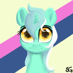Size: 1000x1000 | Tagged: safe, artist:sunlightgryphon, imported from derpibooru, lyra heartstrings, pony, unicorn, bust, implied bon bon, looking at you, portrait, simple background, smiling, solo
