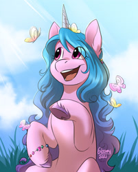 Size: 1057x1314 | Tagged: safe, artist:cosmalumi, imported from derpibooru, izzy moonbow, butterfly, pony, unicorn, bracelet, crepuscular rays, cute, female, g5, grass, happy, izzybetes, jewelry, looking at something, mare, my little pony: a new generation, open mouth, open smile, outdoors, raised hoof, sitting, sky, smiling, solo, unshorn fetlocks