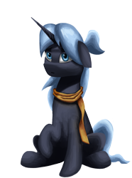 Size: 1000x1346 | Tagged: safe, artist:vezja, imported from derpibooru, oc, oc only, oc:snowshine frost, pony, unicorn, derpibooru community collaboration, 2022 community collab, clothes, female, horn, mare, ponytail, raised hoof, scarf, simple background, sitting, solo, transparent background