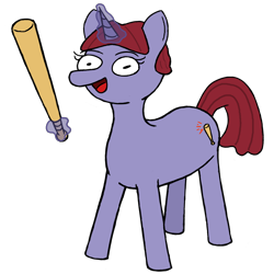 Size: 1200x1200 | Tagged: safe, artist:potatoconnoisseur, derpibooru exclusive, imported from derpibooru, oc, oc only, oc:assaultina, pony, unicorn, derpibooru community collaboration, 2022 community collab, baseball bat, female, fixed, looking at you, magic, magic aura, mare, simple background, smiling, solo, transparent background