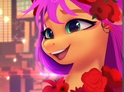 Size: 918x681 | Tagged: safe, artist:imalou, imported from derpibooru, sunny starscout, earth pony, pony, belle (movie), clothes, cosplay, costume, crossover, cute, eyeshadow, female, flower, flower in hair, g5, makeup, mare, my little pony: a new generation, open mouth, parody, rose, scene parody, solo, sunnybetes, wip