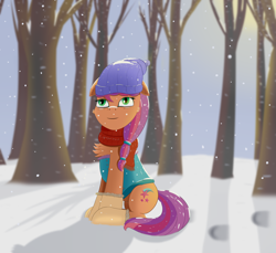 Size: 3708x3393 | Tagged: safe, artist:drakang, imported from derpibooru, sunny starscout, earth pony, pony, chest fluff, clothes, day, female, floppy ears, forest, g5, high res, mare, my little pony: a new generation, outdoors, scarf, snow, snowfall, solo, tree, winter
