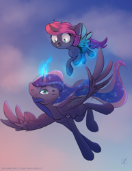 Size: 1600x2068 | Tagged: safe, artist:yarugreat, imported from derpibooru, princess luna, oc, oc:seline, alicorn, pony, unicorn, commission, duo, female, horn, mother and child, mother and daughter, offspring, parent:oc:azure night, parent:princess luna, parents:azuna, parents:canon x oc, unicorn oc, ych result