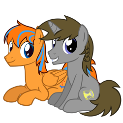 Size: 1406x1406 | Tagged: safe, artist:the smiling pony, imported from derpibooru, oc, oc only, oc:cold front, oc:disty dusk, pegasus, pony, unicorn, derpibooru community collaboration, .svg available, 2022 community collab, blue eyes, brown mane, brown tail, duo, duo male, feathered wings, folded wings, horn, looking at you, lying down, male, pegasus oc, prone, show accurate, simple background, sitting, smiling, smiling at you, stallion, svg, tail, transparent background, two toned mane, two toned tail, unicorn oc, vector, wings