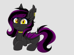 Size: 1007x756 | Tagged: safe, artist:rand-dums, imported from derpibooru, oc, oc only, bat pony, pony, bat pony oc, choker, ear tufts, fangs, female, lying down, prone, simple background, solo