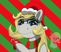 Size: 1367x1172 | Tagged: safe, artist:gray star, derpibooru exclusive, imported from derpibooru, earth pony, candy, candy cane, chocolate, christmas, clothes, female, food, freckles, glasses, hat, holiday, hot chocolate, looking at you, mare, santa hat, scarf, smiling, smiling at you, solo, striped scarf