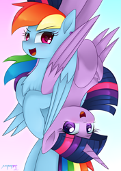 Size: 2480x3507 | Tagged: safe, artist:twidasher, imported from derpibooru, rainbow dash, twilight sparkle, alicorn, pegasus, pony, blushing, chest fluff, duo, female, high res, lesbian, mare, shipping, signature, twidash, twilight sparkle (alicorn), upside down