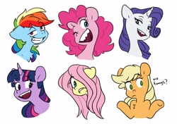 Size: 4096x2890 | Tagged: safe, artist:chub-wub, imported from derpibooru, applejack, fluttershy, pinkie pie, rainbow dash, rarity, twilight sparkle, earth pony, pegasus, pony, unicorn, chest fluff, cute, cute little fangs, fangs, floppy ears, grin, hiding behind mane, lidded eyes, looking at you, mane six, sharp teeth, simple background, smiling, teeth, white background