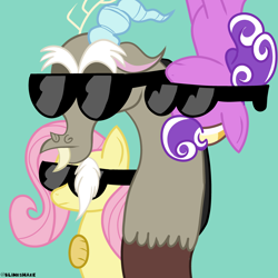 Size: 3600x3600 | Tagged: safe, artist:blinkshake, imported from derpibooru, discord, fluttershy, screwball, earth pony, hybrid, pegasus, pony, discoshy, family, female, g4, high res, interspecies offspring, male, shipping, straight, sunglasses