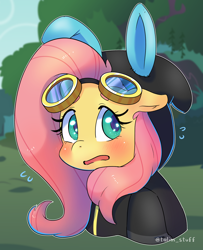 Size: 2000x2466 | Tagged: safe, artist:talimingi, imported from derpibooru, fluttershy, pegasus, pony, blushing, bunny ears, bust, clothes, costume, cute, daaaaaaaaaaaw, dangerous mission outfit, female, floppy ears, goggles, high res, hoodie, looking sideways, mare, open mouth, outline, shyabetes, solo, white outline