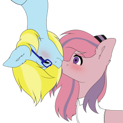 Size: 4024x4011 | Tagged: safe, artist:torihime, imported from derpibooru, oc, oc only, oc:cloud cuddler, oc:sweet haze, earth pony, pegasus, pony, accessory, blushing, clothes, cute, female, glasses, hat, kissing, male, shipping, shirt, simple background, transparent background, upside down, upside down kiss