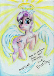 Size: 1663x2338 | Tagged: safe, artist:3500joel, imported from derpibooru, diamond tiara, earth pony, pony, andrea arruti, angel, female, filly, flying, halo, rest in peace, signature, smiling, solo, spanish, spirit, traditional art, tribute, voice actor