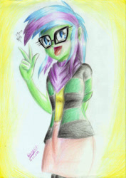 Size: 1654x2339 | Tagged: safe, artist:3500joel, imported from derpibooru, oc, oc only, oc:stormlight, equestria girls, clothes, equestria girls oc, female, glasses, open mouth, skirt, solo, traditional art